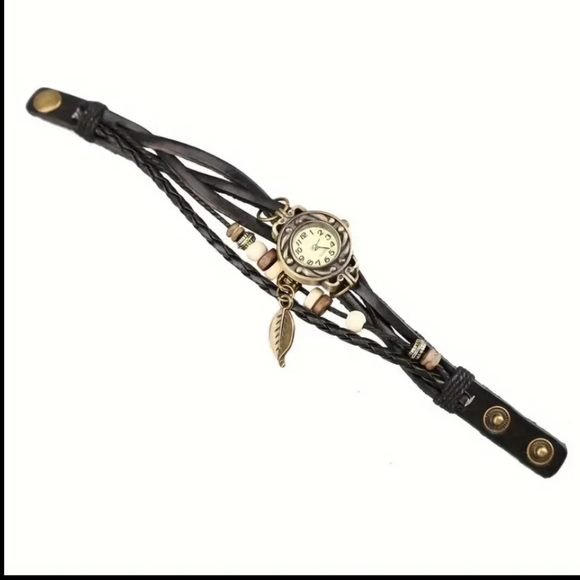 Retro Boho Vibe Faux Leather Beaded Feathered Detail Bracelet Watch. NWOT - Picture 2 of 4